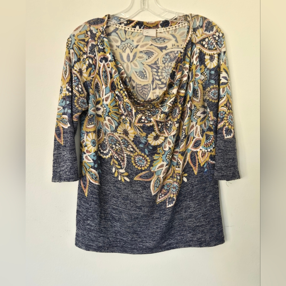 Anthro 9-H15 Stcl Boho Floral Cowl Neck Top L Blue Mustard